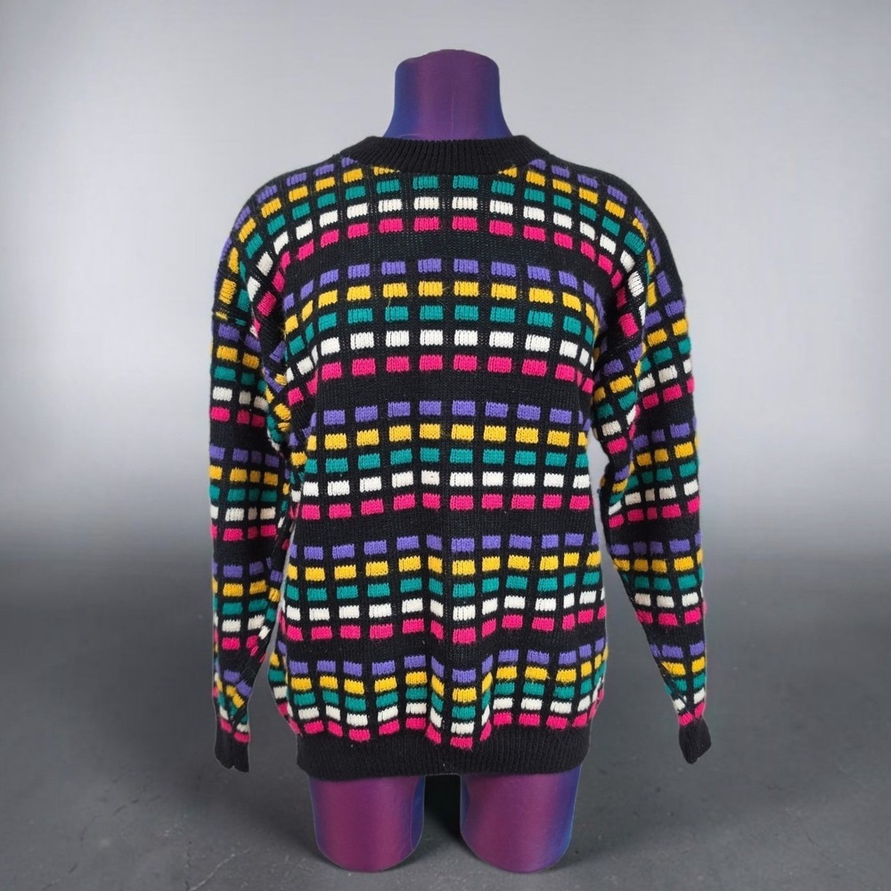 Vintage Spunky Multi Color Block Knit Sweater Black Crewneck Made in USA